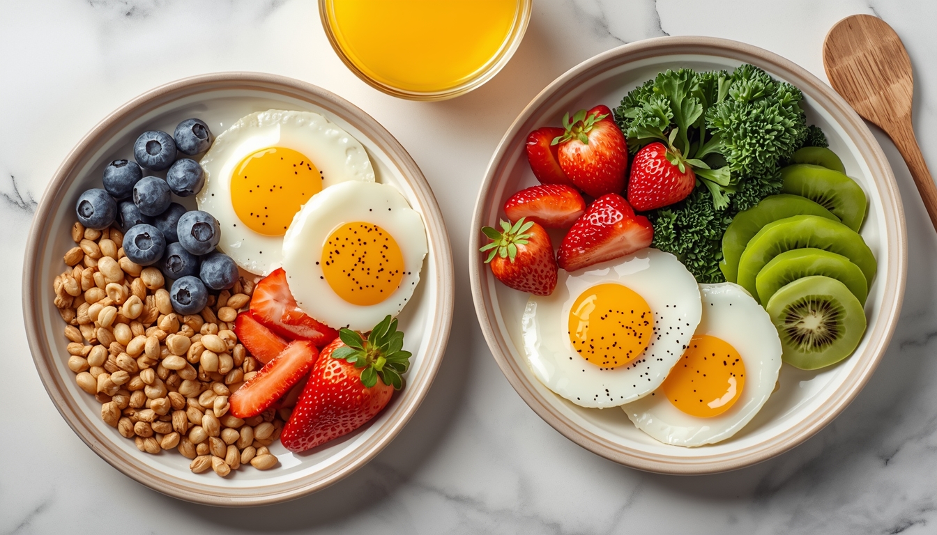 Bright breakfast plates with fruit grains and greens showing calm morning variety