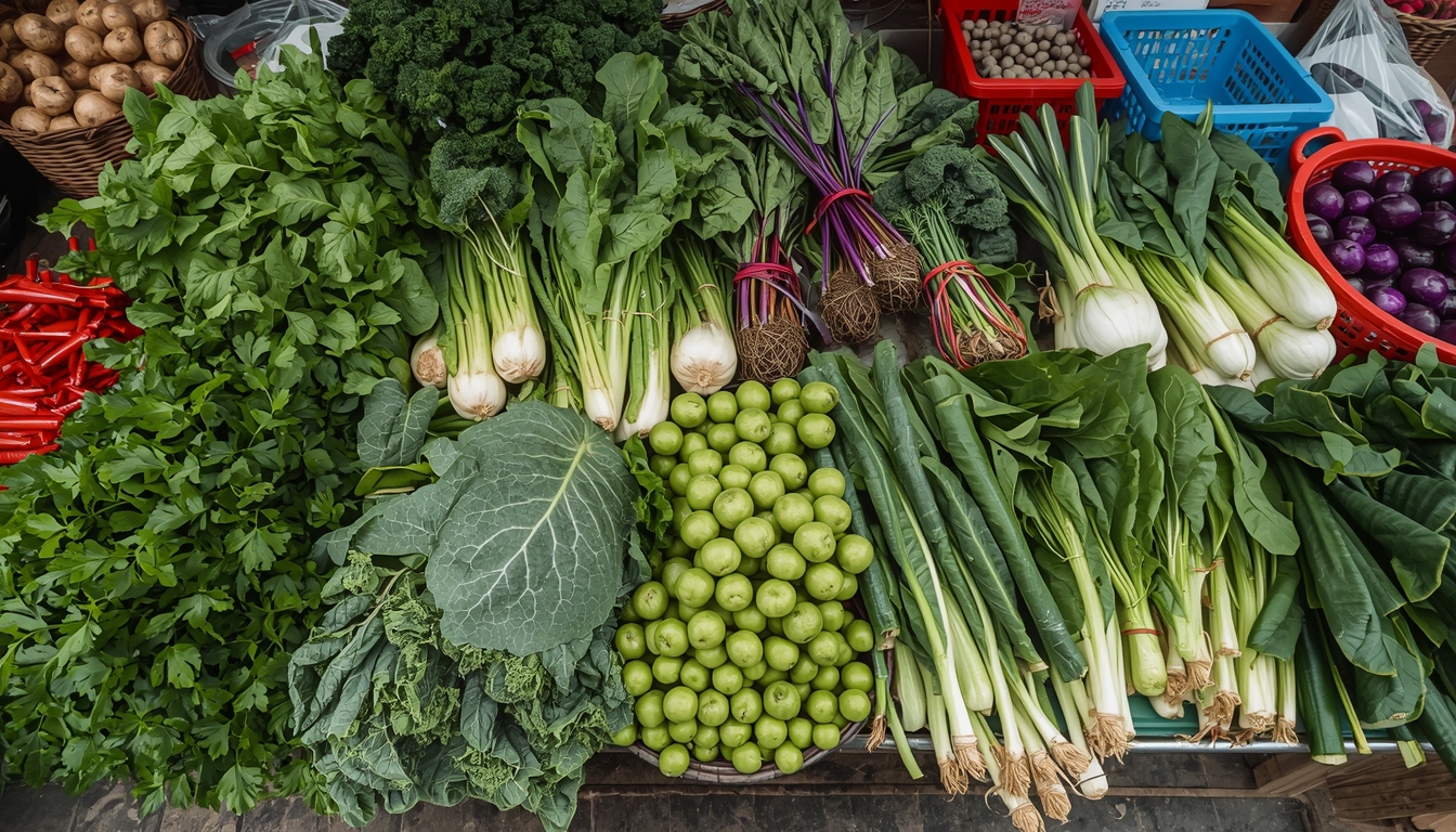 Fresh leafy greens and vegetables arranged at a local market stall