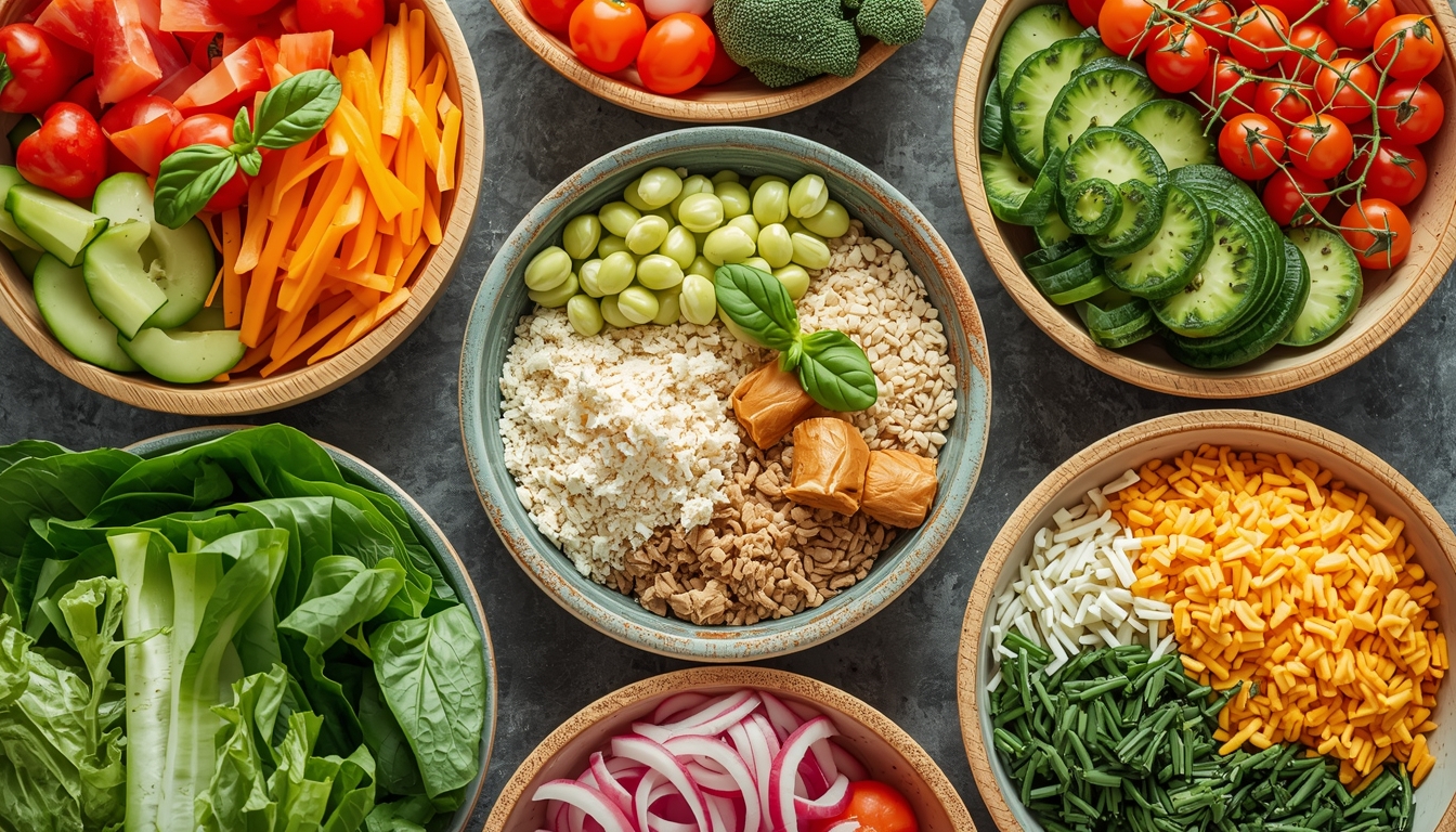 Colorful vegetable bowls arranged with varied textures for daily nutrition inspiration