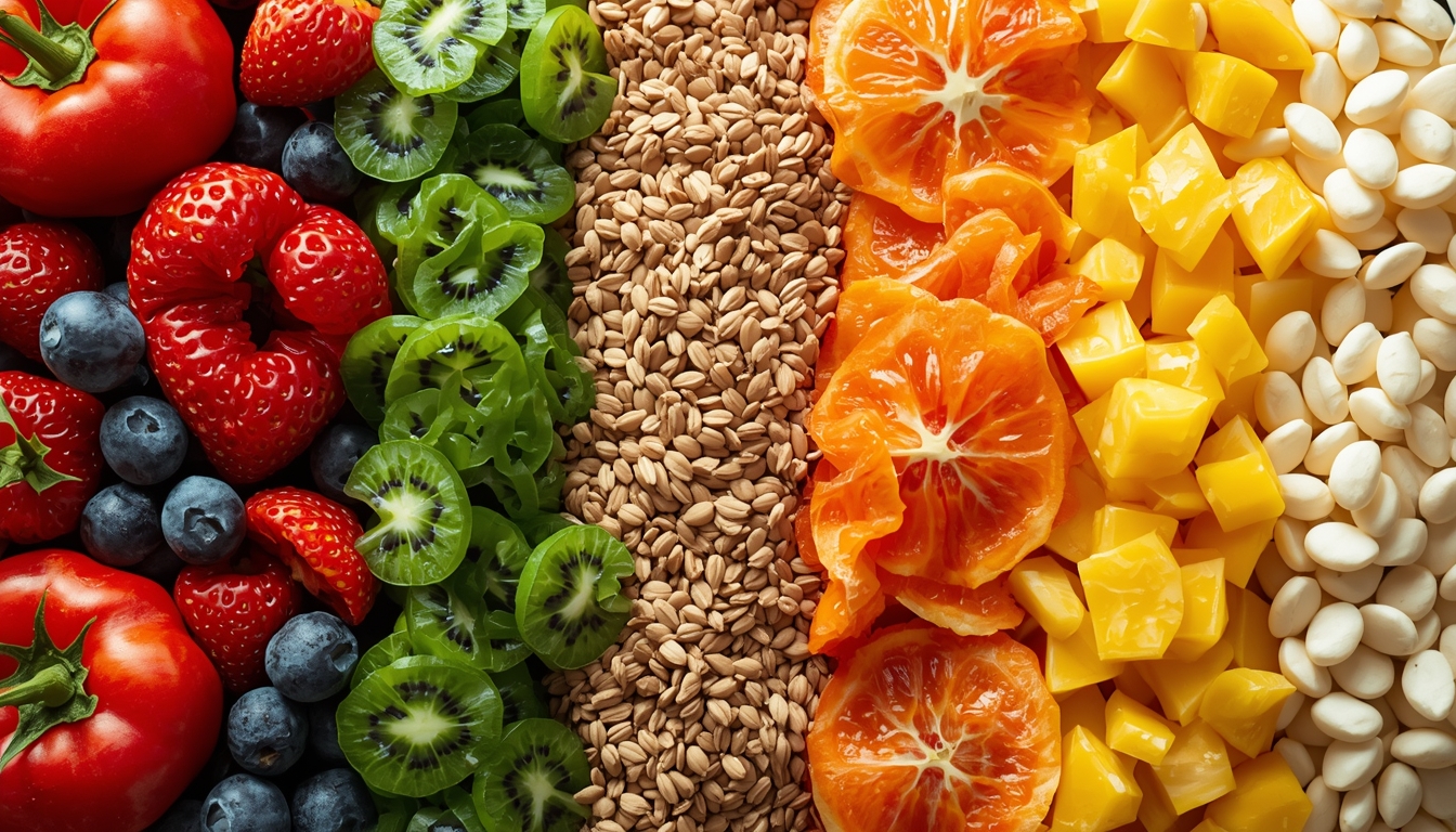 Fresh fruit vegetable and grain spread showing overlapping colors for meal rhythm